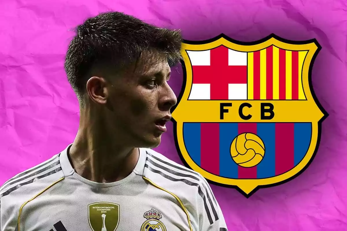 Soccer player wearing a Real Madrid jersey in front of the FC Barcelona crest on a pink background