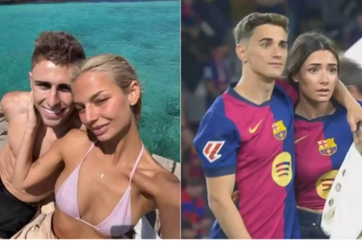 Two young couples pose together, one on the beach with turquoise water in the background and the other in a stadium wearing Barcelona jerseys.