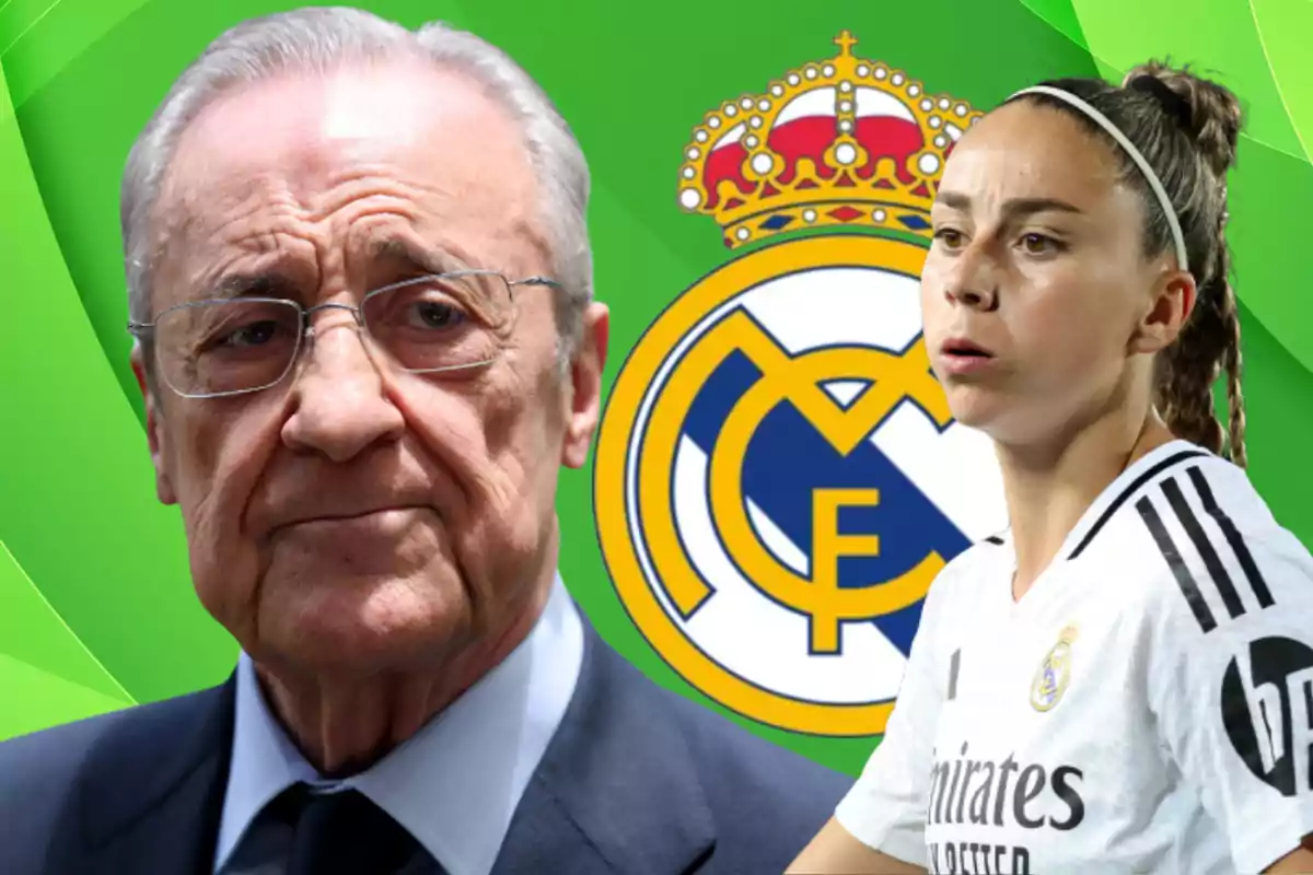 An older man with glasses and a Real Madrid female player appear in front of the club’s crest against a green background.