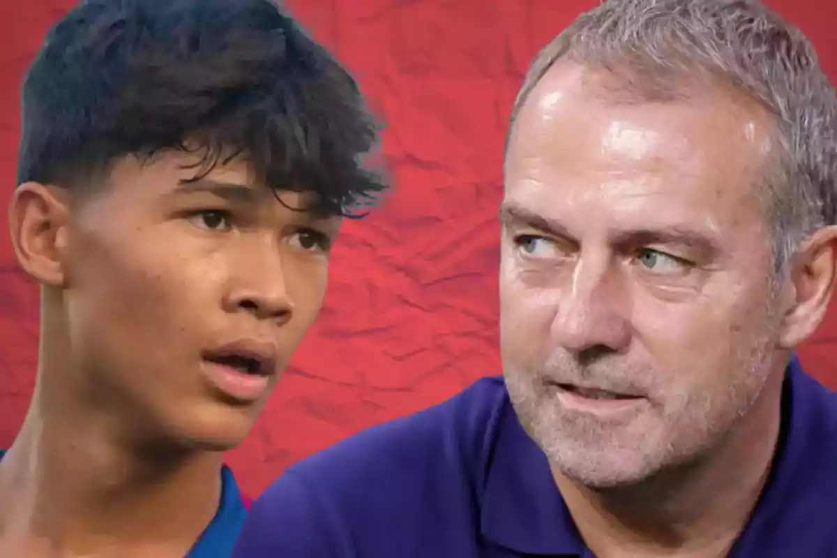 Two men staring at each other with serious expressions against a red background