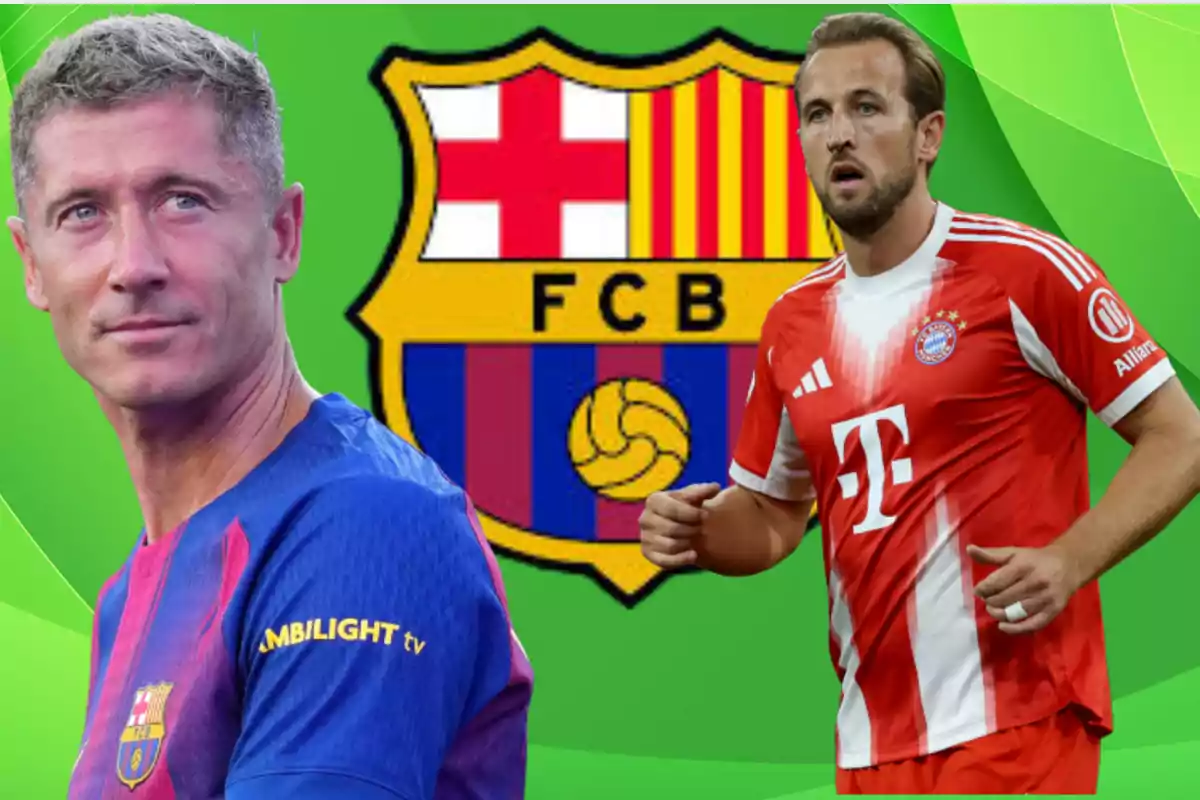 Two players wearing the uniforms of Barcelona and Bayern Munich pose in front of the FC Barcelona crest against a green background.