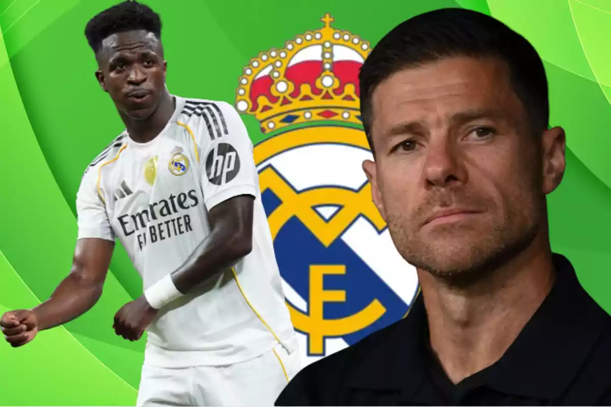 Two people related to Real Madrid appear in front of the club’s crest against a green background.
