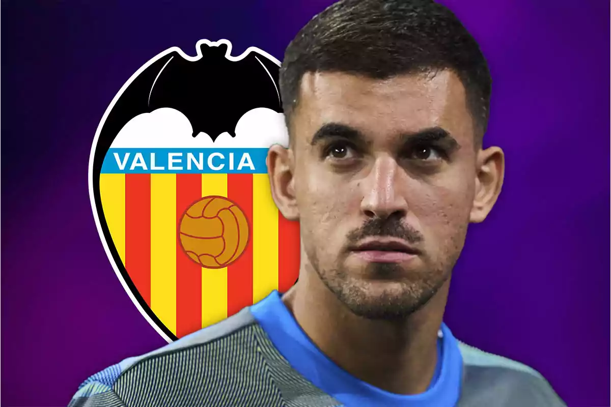 Soccer player wearing a blue jersey in front of the Valencia CF crest on a purple background