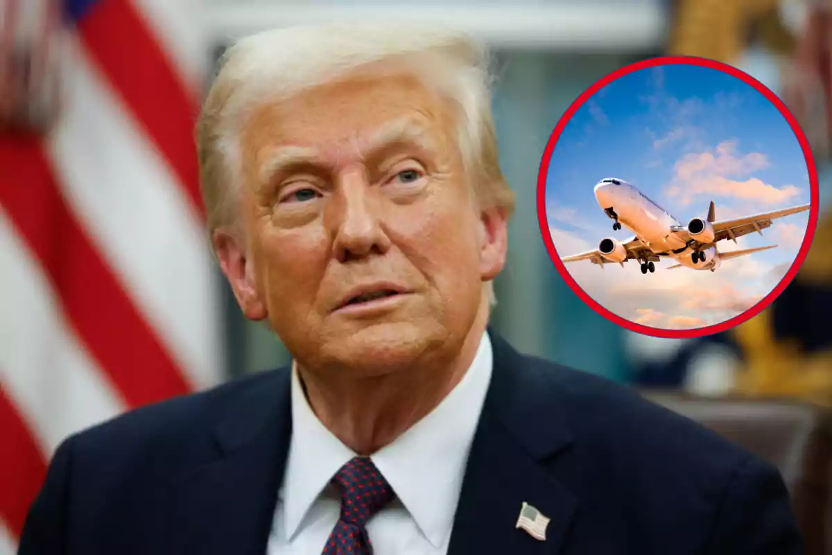 Blond-haired man in a dark suit and tie, with a United States flag in the background and a circle featuring the image of a plane flying in the sky.