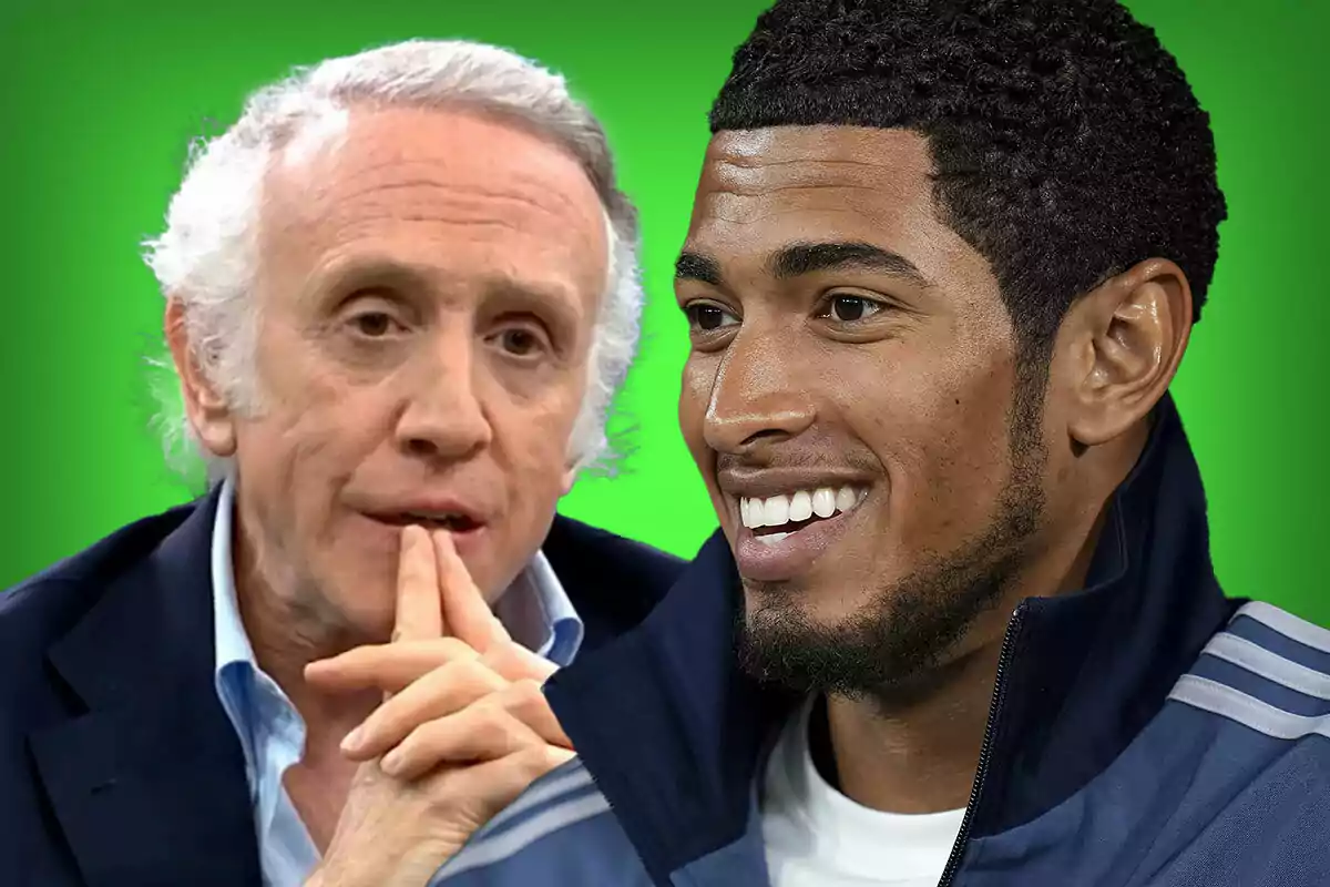 Two men in the foreground against a green background, one with gray hair and a thoughtful expression and the other a young man smiling in a sports jacket.