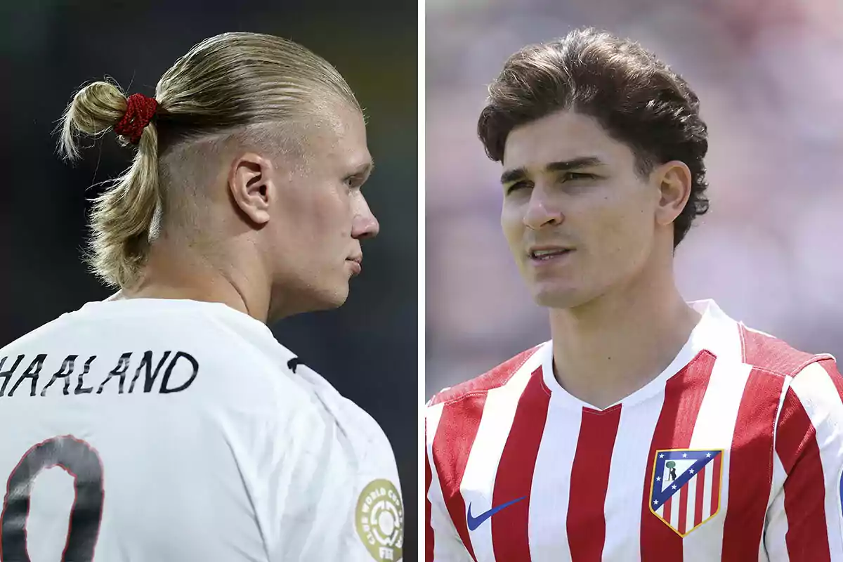 Dos futbolistas en primer plano, uno con camiseta blanca y el otro con camiseta rojiblanca, ambos mirando hacia la derecha Dos futbolistas en primer plano, uno con camiseta blanca y el otro con camiseta rojiblanca, ambos mirando hacia la derecha