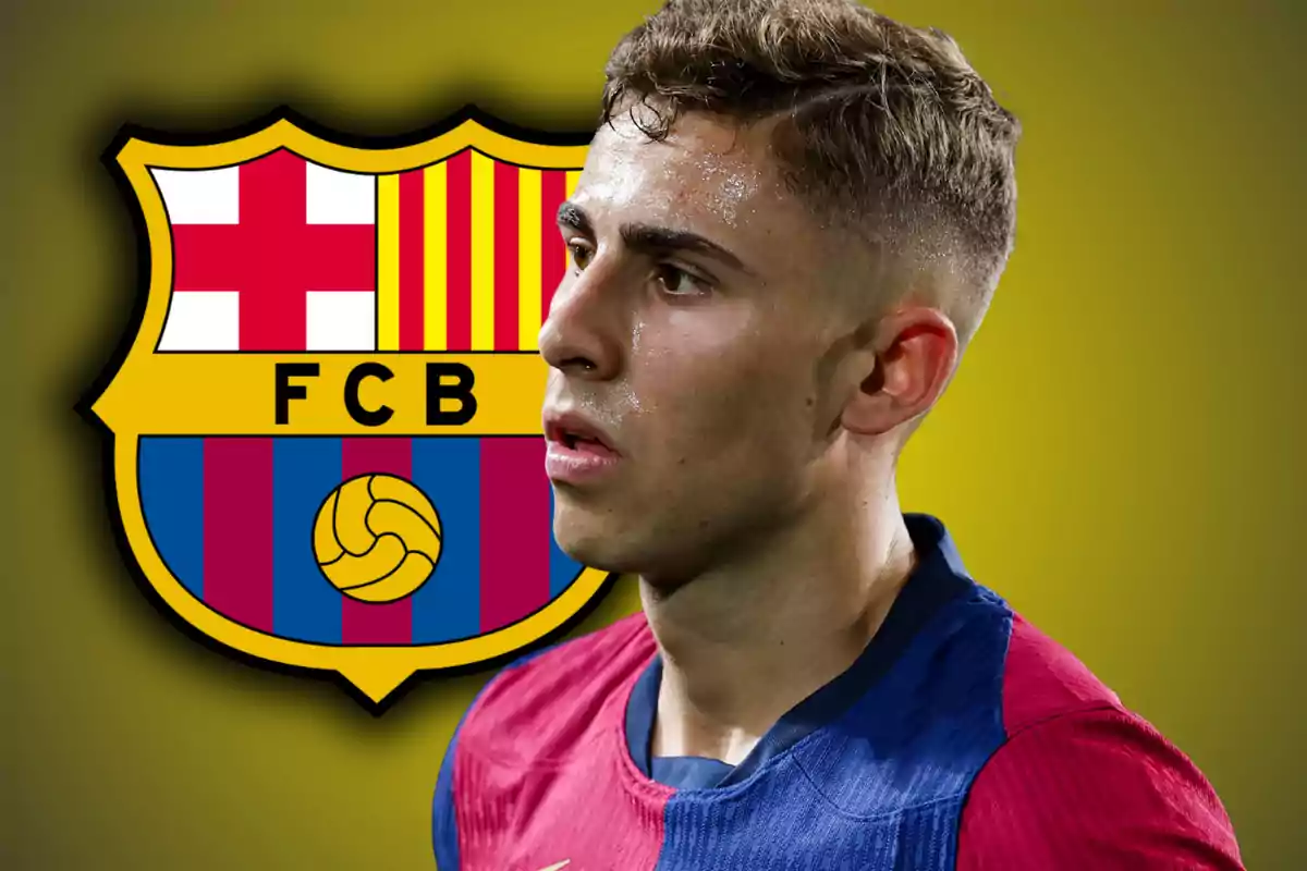 Un futbolista con camiseta azulgrana aparece en primer plano con el escudo del FC Barcelona de fondo sobre un fondo amarillo difuminado.