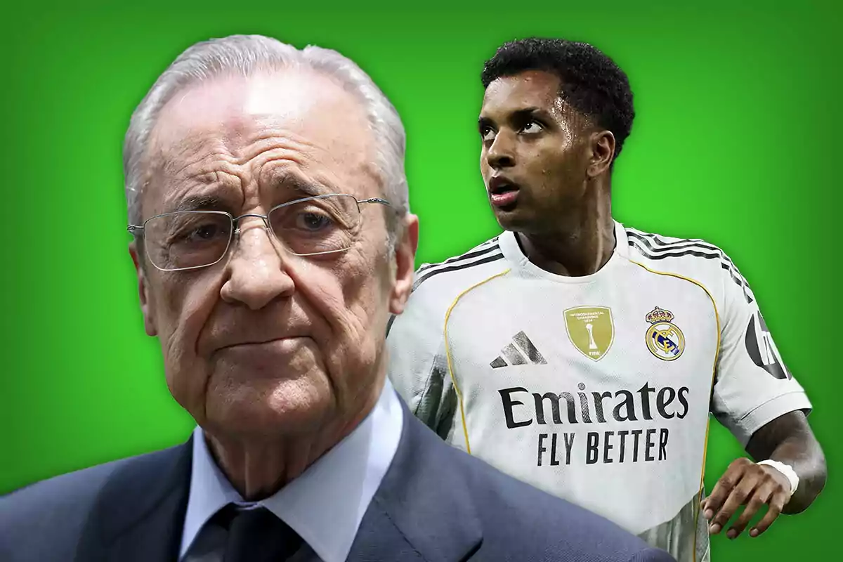 An older man with glasses and a suit appears in the foreground while a player in a Real Madrid uniform is in the background against a green backdrop.