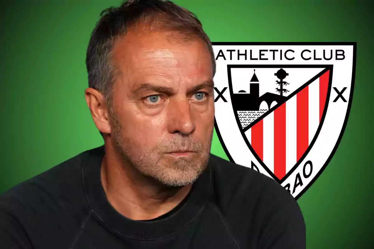 Hombre de expresión seria con fondo verde y el escudo del Athletic Club de Bilbao detrás