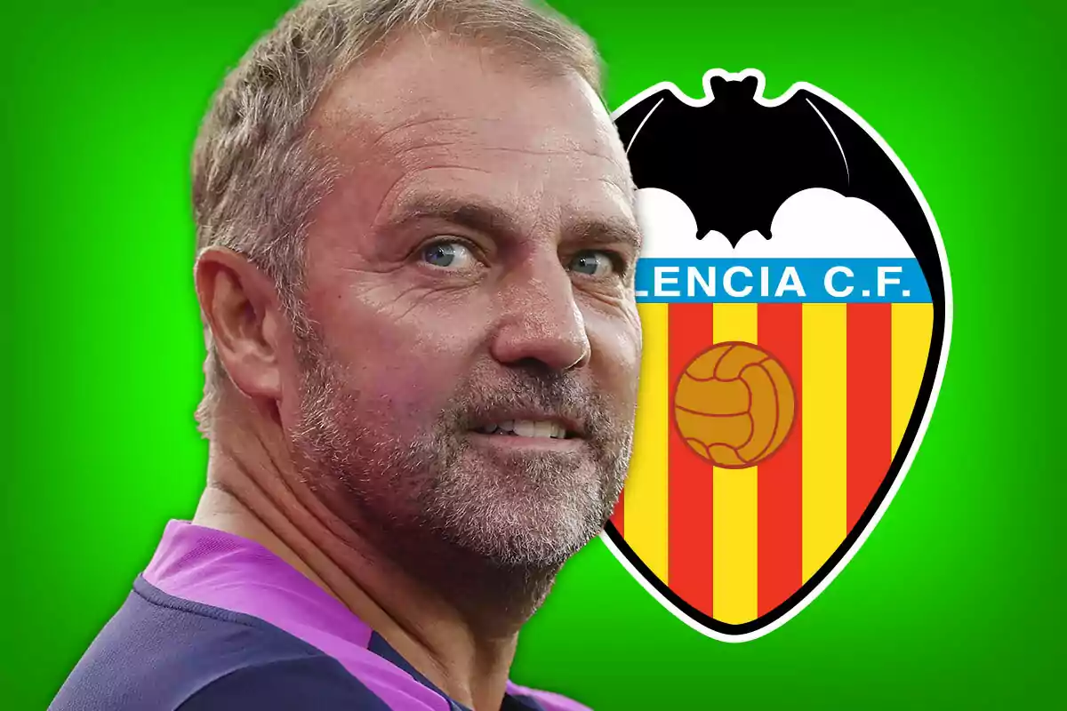 Hombre de cabello corto y barba mirando hacia la cámara con el escudo del Valencia CF de fondo sobre un fondo verde