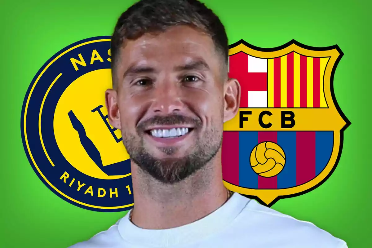 Smiling man in the foreground with the Al Nassr and FC Barcelona crests in the background on a green backdrop