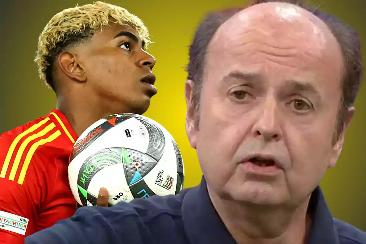 Un joven futbolista con camiseta roja sostiene un balón mientras un hombre de mediana edad aparece en primer plano sobre un fondo amarillo difuminado