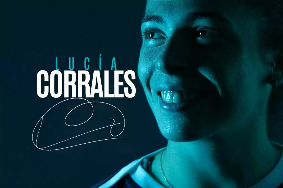 Portrait of a young woman smiling with blue lighting and the name Lucía Corrales in large letters on the left Portrait of a young woman smiling with blue lighting and the name Lucía Corrales in large letters on the left