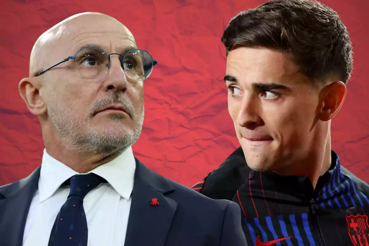 Two men staring at each other with serious expressions against a wrinkled red background; one of them is wearing glasses and a suit, while the other is dressed in a blue and black sports jacket.