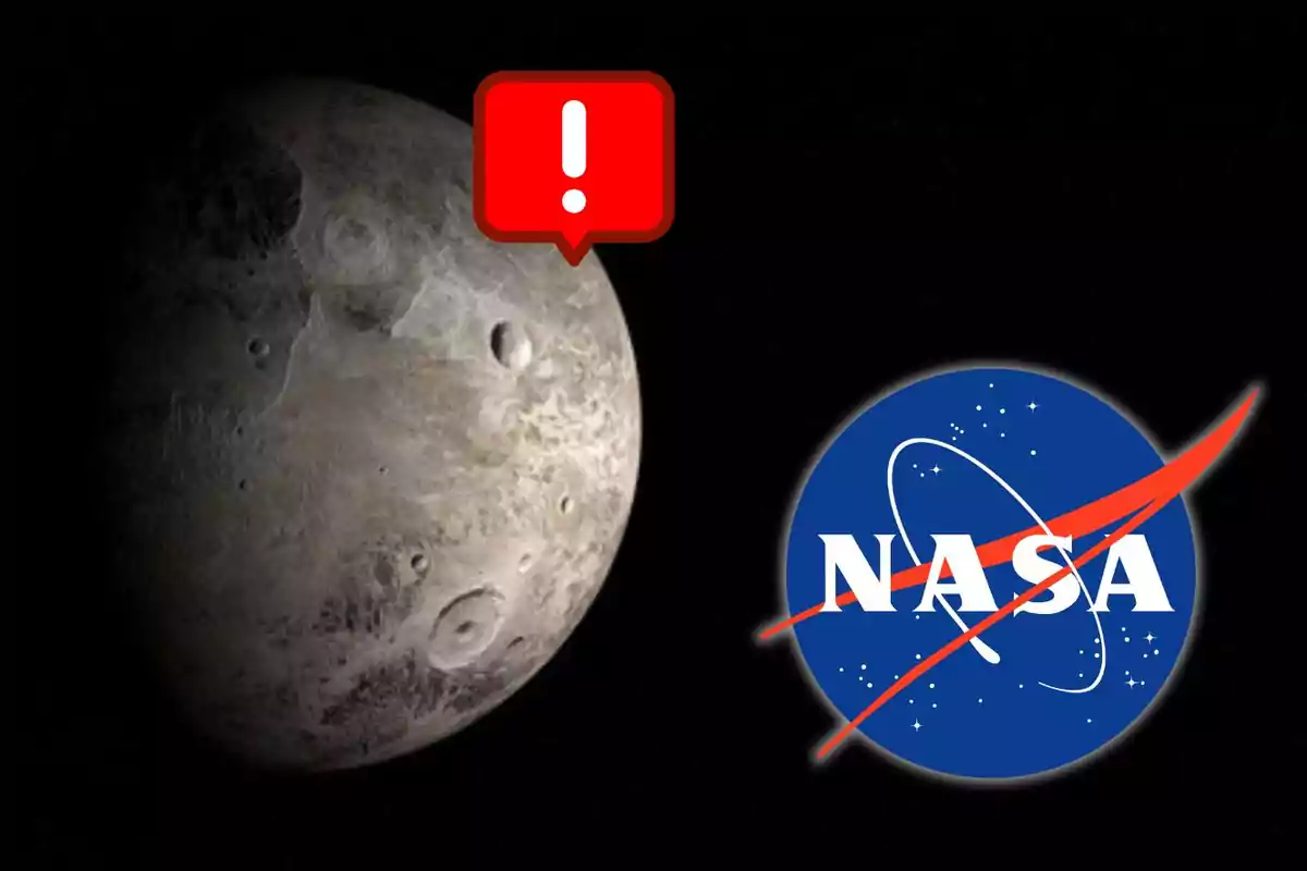 La imagen muestra el planeta Ceres con un símbolo de advertencia en rojo y el logotipo de la NASA sobre un fondo negro.