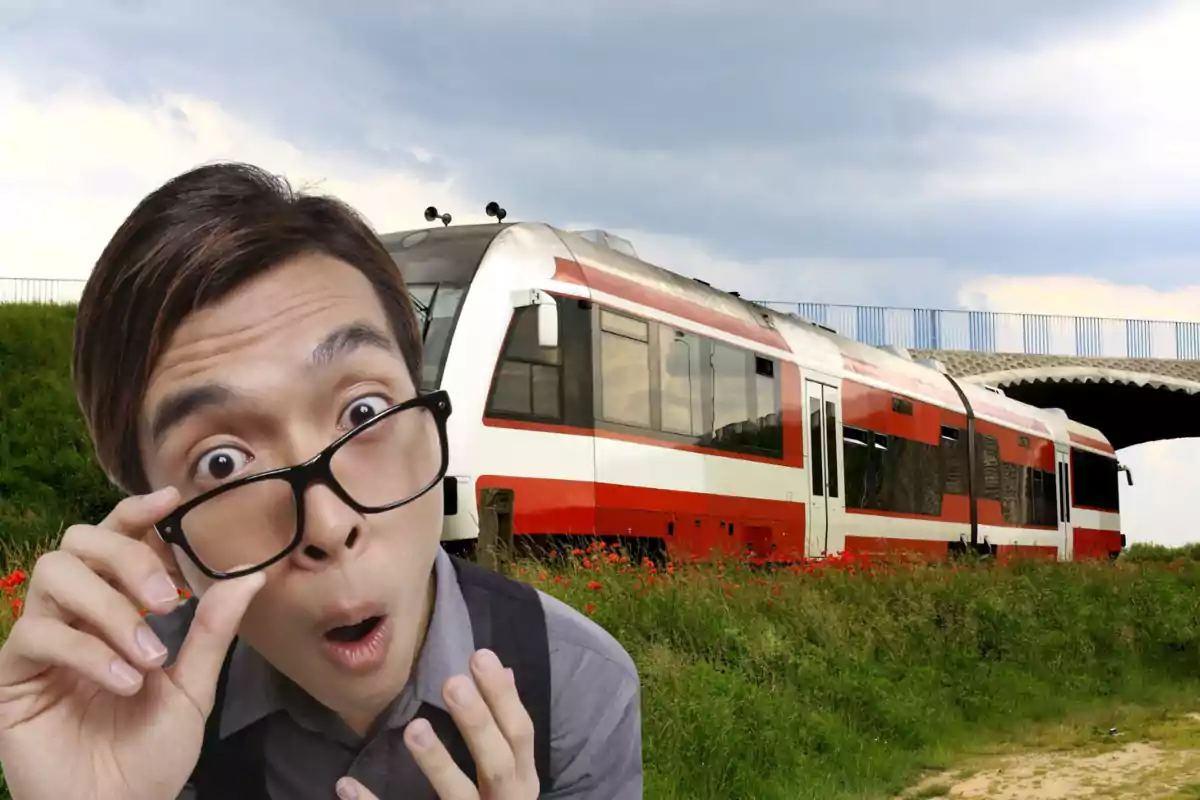 Hombre sorprendido con gafas frente a un tren rojo y blanco en un entorno natural Hombre sorprendido con gafas frente a un tren rojo y blanco en un entorno natural