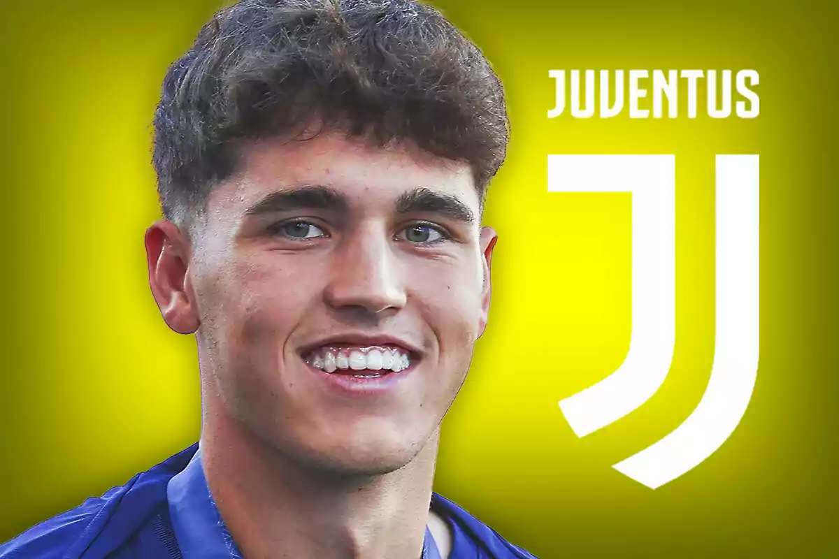 Smiling young man with a yellow background and the Juventus logo next to him