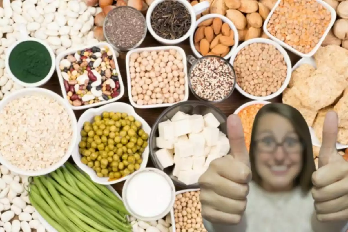 Variety of protein-rich plant foods with a smiling person giving two thumbs up in approval