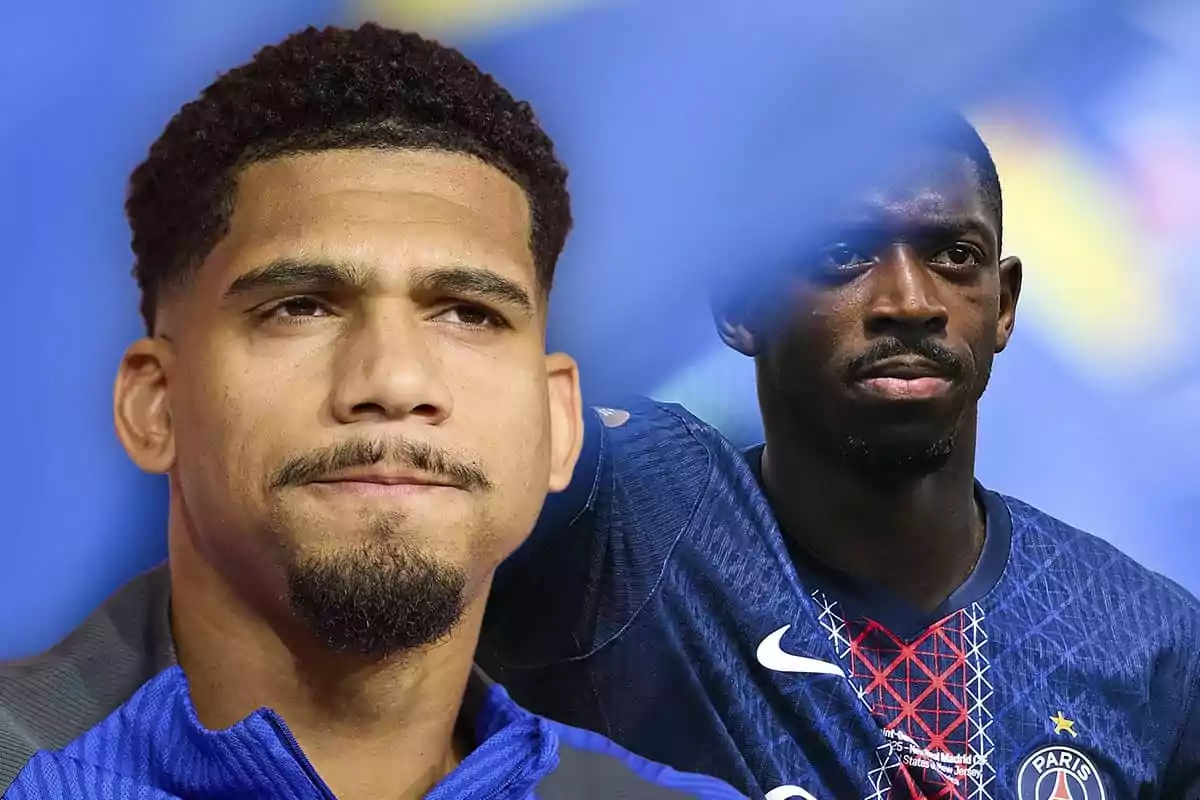 Dos futbolistas con expresiones serias y fondo azul, uno de ellos lleva una camiseta del PSG