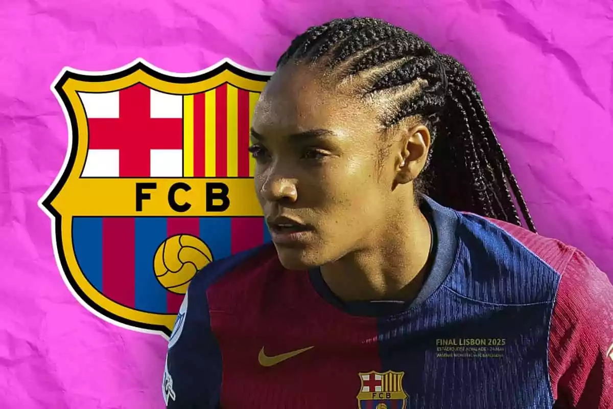 Barcelona women's player with the club's crest in the background and a pink backdrop