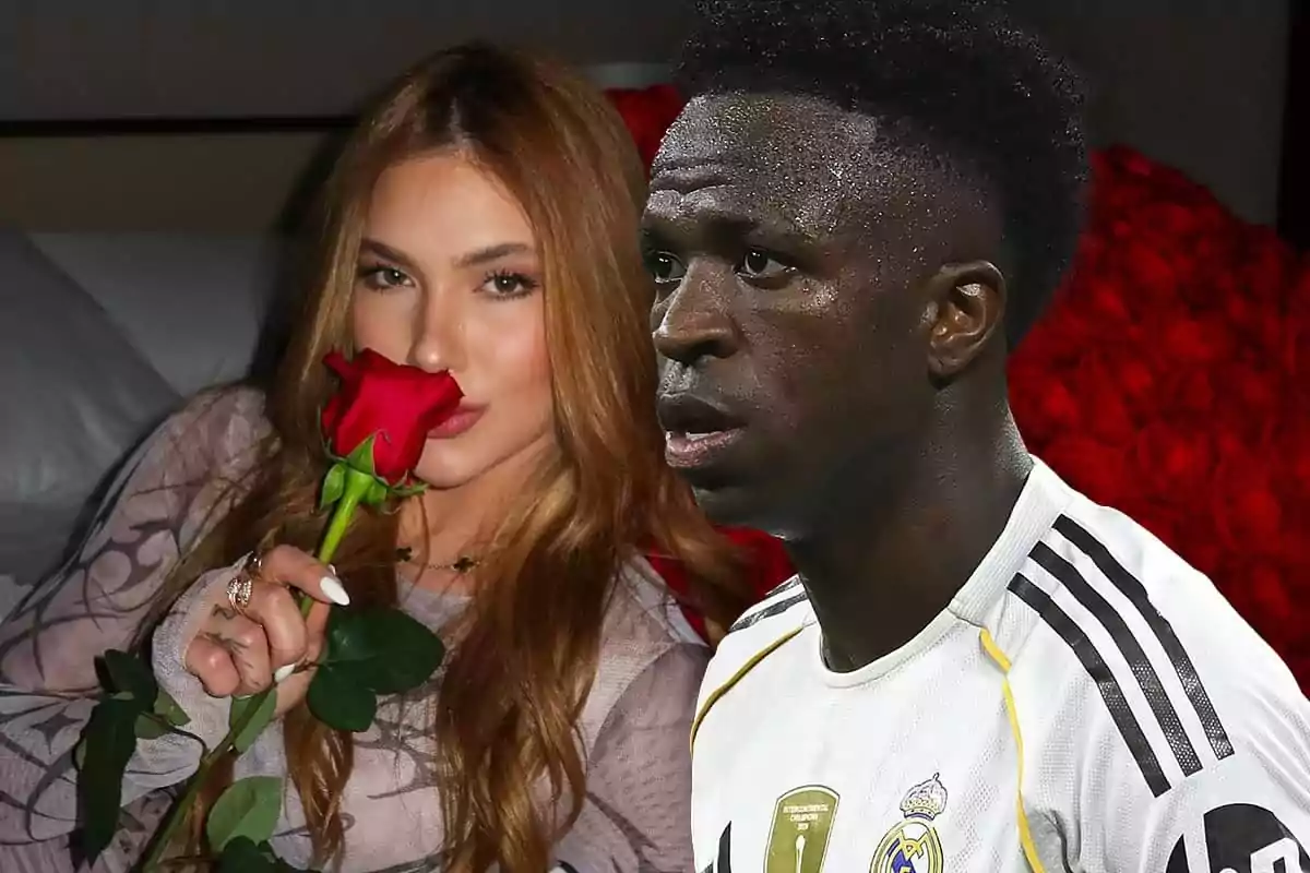 A woman holds a red rose while a player in a Real Madrid uniform appears in the foreground.