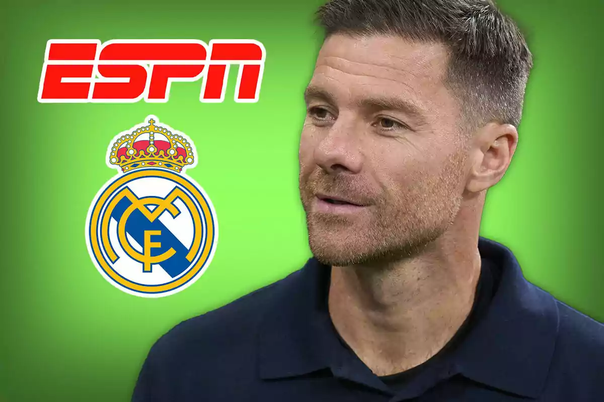 Short-haired man with a trimmed beard in front of a green background with the ESPN logo and the Real Madrid crest.
