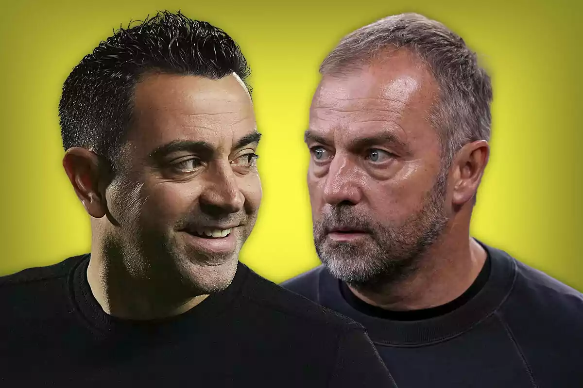 Two soccer coaches look at each other in front of a yellow background.