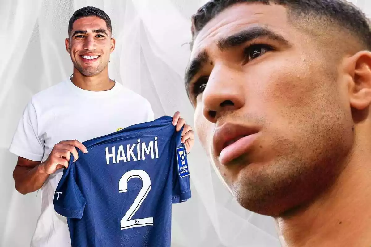 Achraf Hakimi posando con la camiseta del PSG