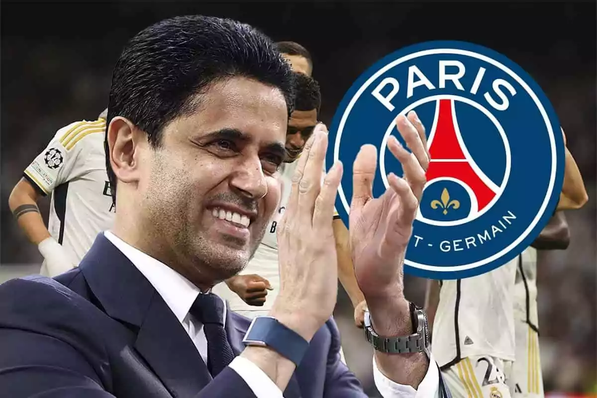 Al-Khelaifi aplaudiendo con el logo del Paris Saint-Germain y jugadores del Real Madrid al fondo.