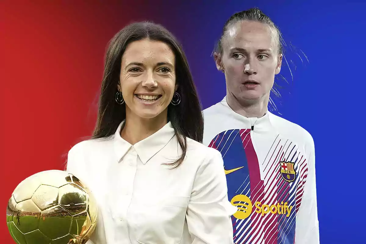 Two smiling women, one holding a Ballon d'Or and the other wearing an FC Barcelona jersey, on a gradient background from red to blue.