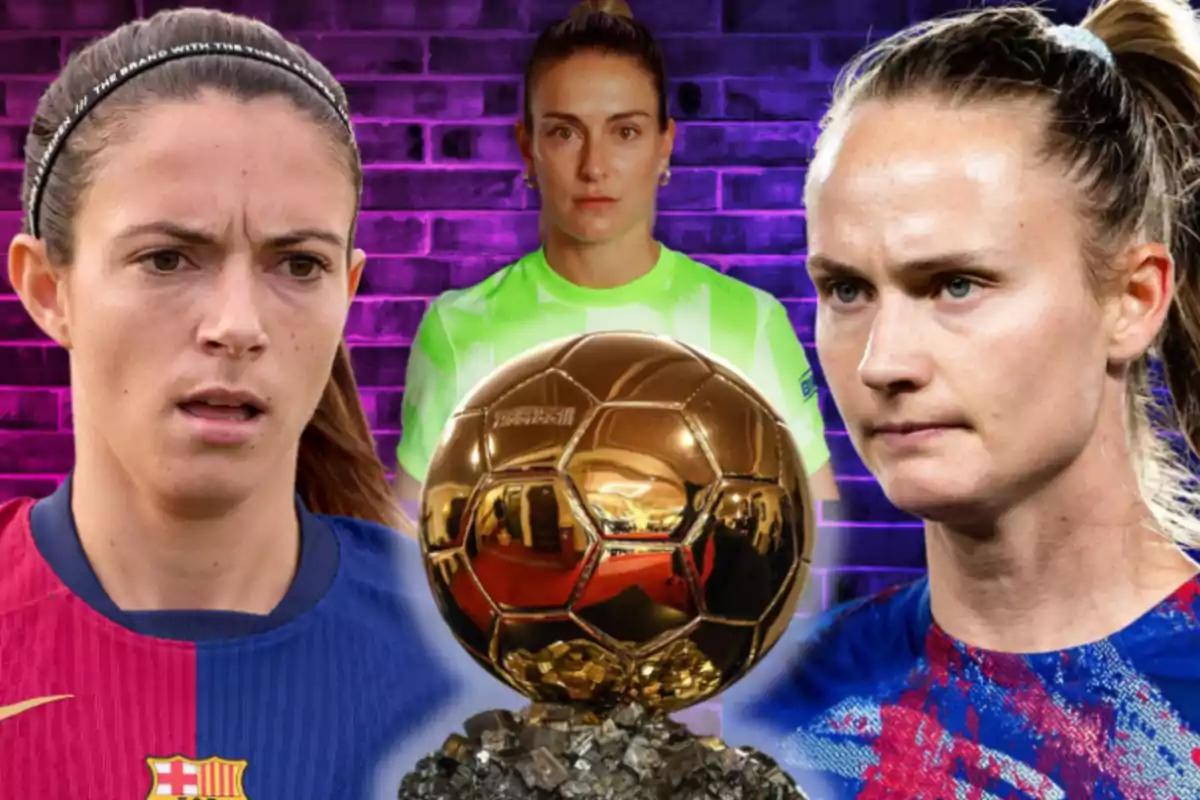 Three female soccer players with an image of the Ballon d'Or in the center and a background of illuminated bricks.