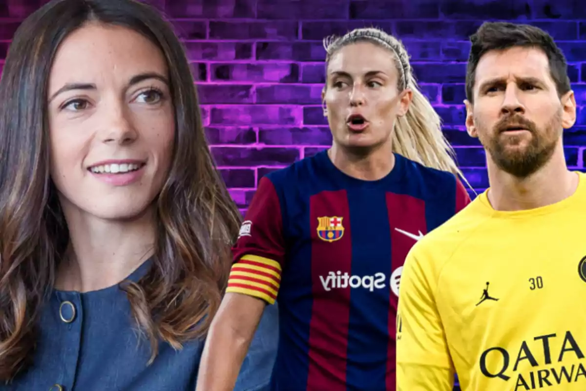 Three people in a montage with a purple brick background, a woman with long hair, a soccer player in a Barcelona uniform and a man in a yellow jersey.