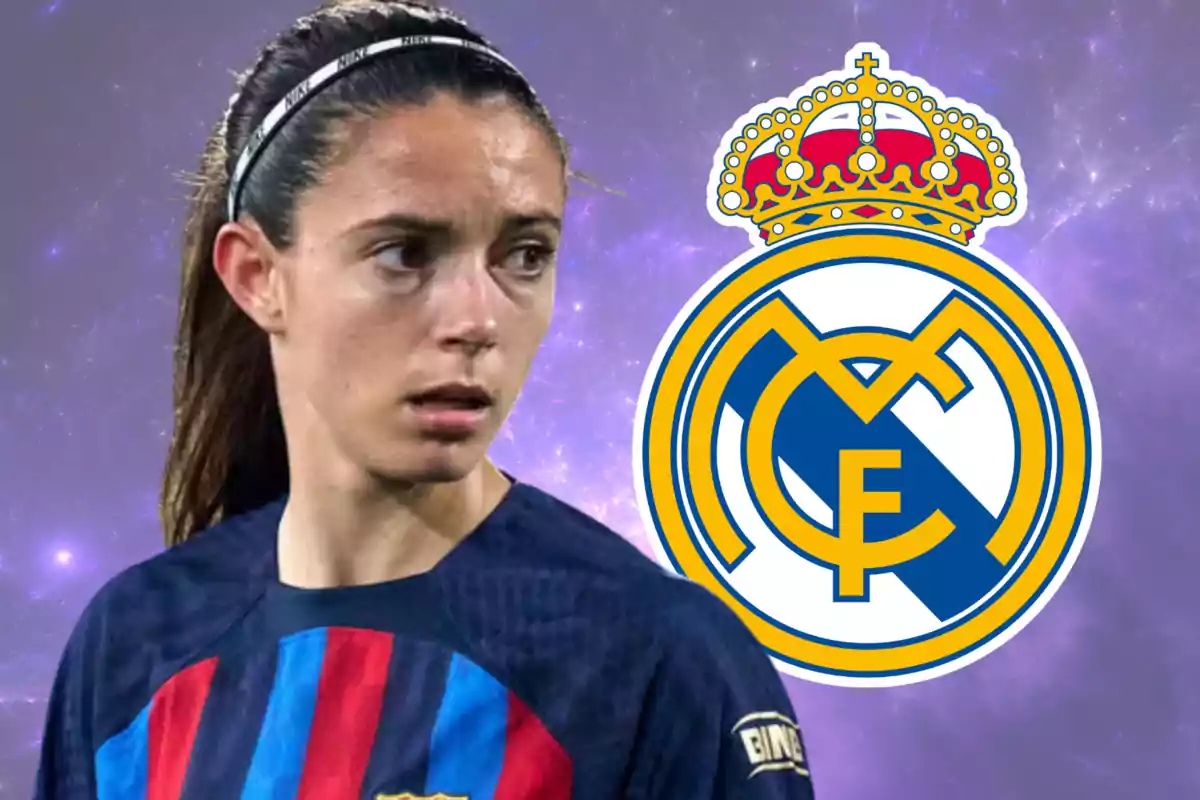 A female soccer player with a ribbon in her hair, wearing a blue and red jersey, appears in front of a purple background with the Real Madrid crest.