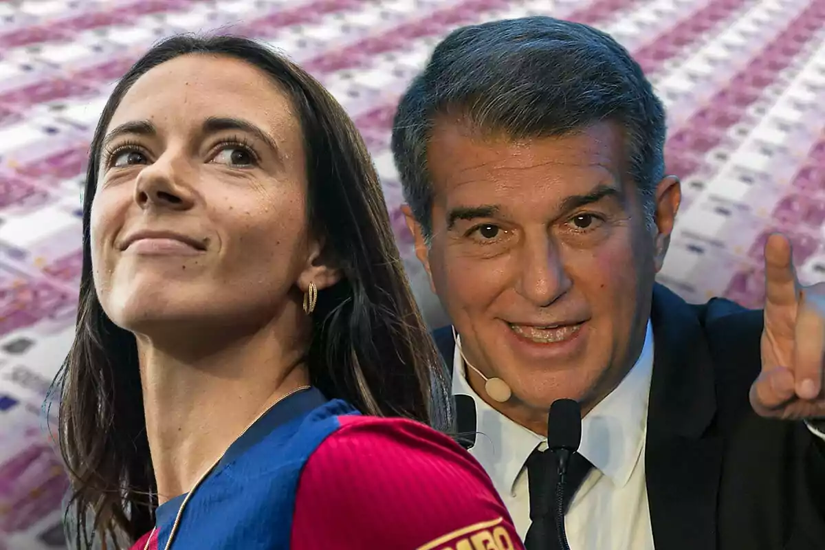 Dos personas, Aitana Bonmatí y Joan Laporta, aparecen en primer plano con un fondo de billetes de euro.