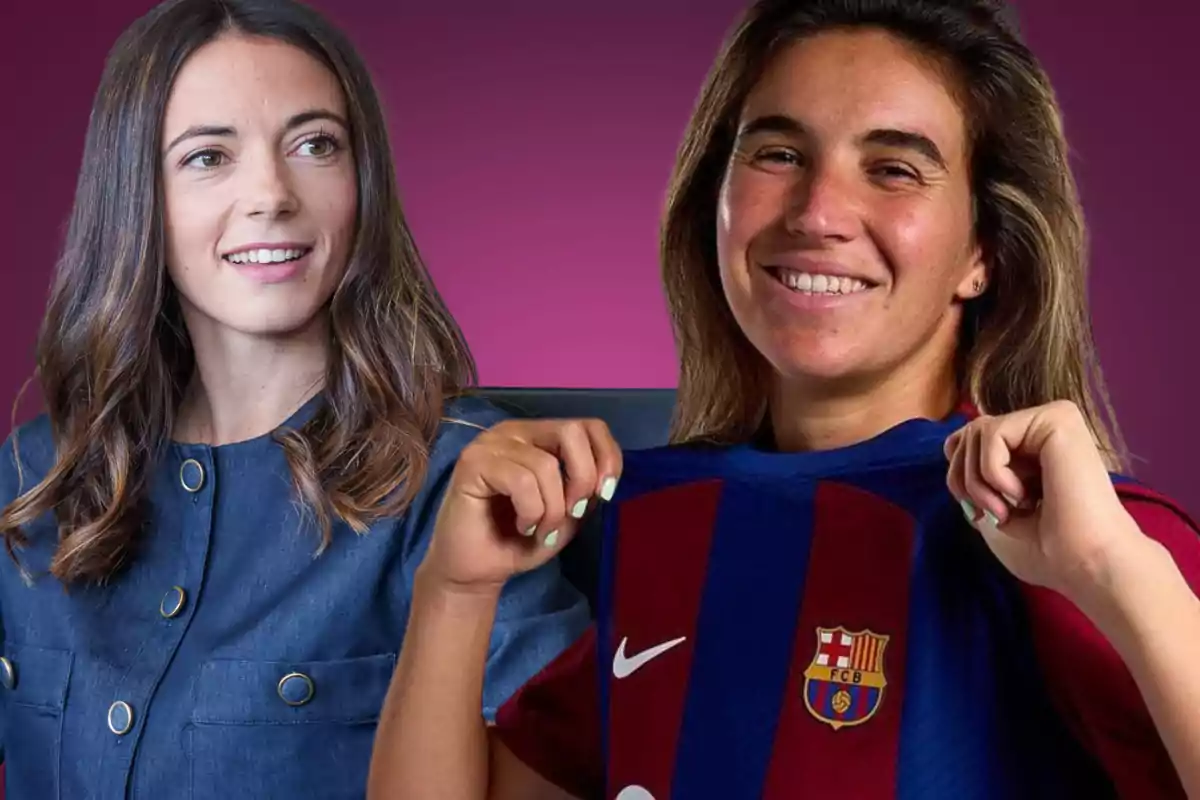 Two smiling women, one wearing a blue jacket and the other holding a FC Barcelona jersey, against a purple background.