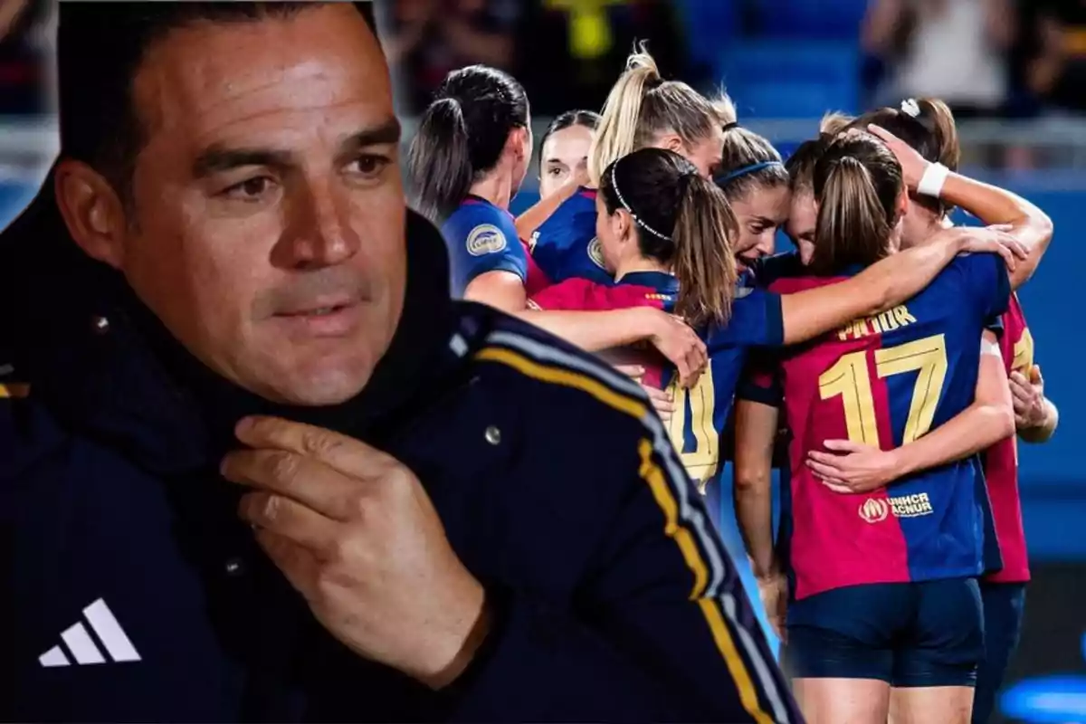 A man in a dark jacket appears in the foreground while a group of female players embrace in the background.