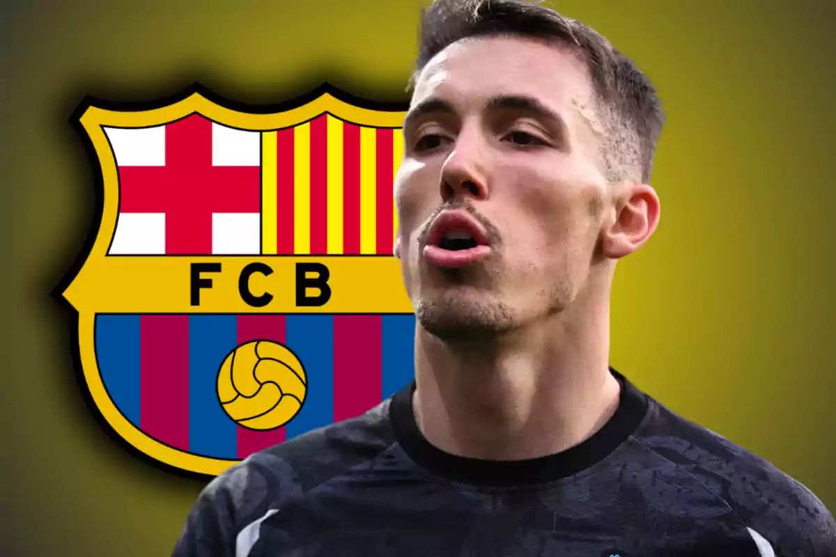 A player with the FC Barcelona crest in the background.