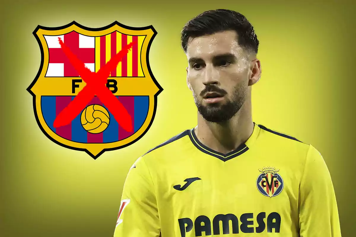 Un jugador de fútbol con uniforme amarillo del Villarreal aparece junto al escudo del FC Barcelona, que tiene una gran cruz roja sobre él, sobre un fondo amarillo.