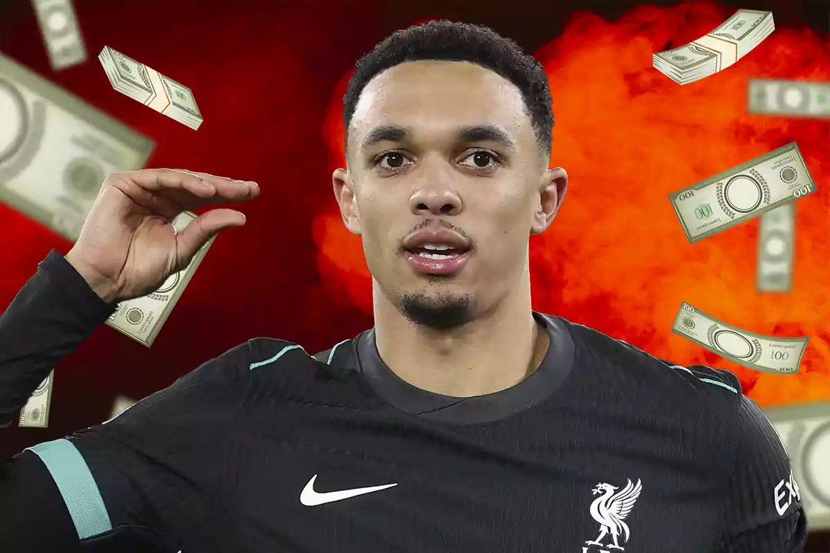 Trent Alexander-Arnold con uniforme negro está rodeado de billetes flotantes sobre un fondo rojo.