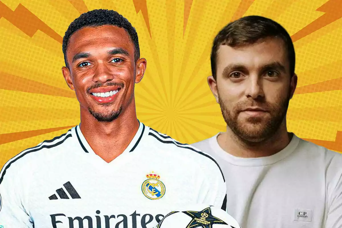 Dos hombres posan frente a un fondo amarillo con rayos, uno lleva una camiseta del Real Madrid y sostiene un balón de la Champions League, el otro viste una camiseta clara.
