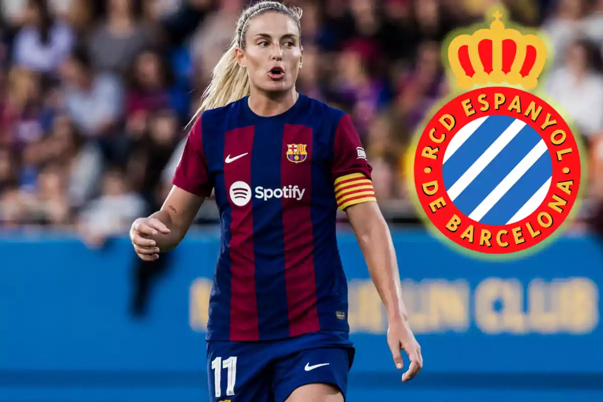 Female soccer player in FC Barcelona uniform on the field, with the RCD Espanyol de Barcelona crest superimposed.