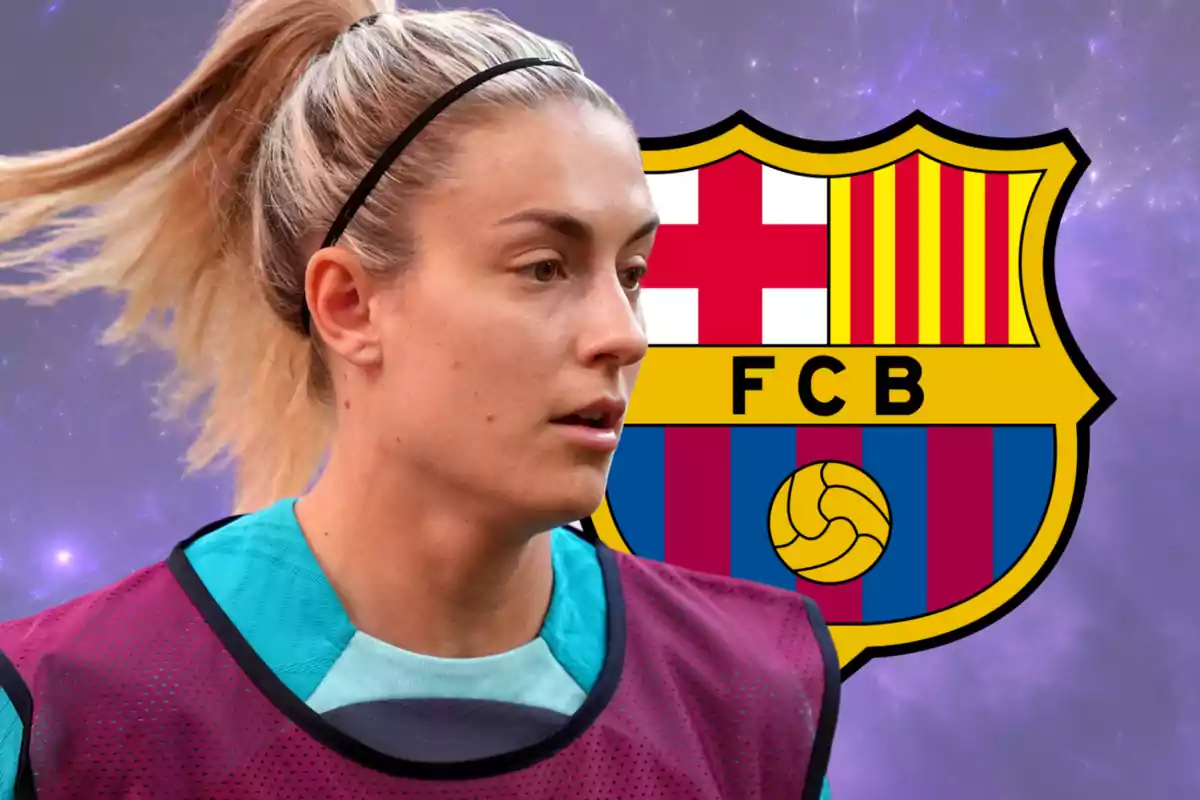 A player with her hair tied back appears in front of the FC Barcelona crest against a purple background.