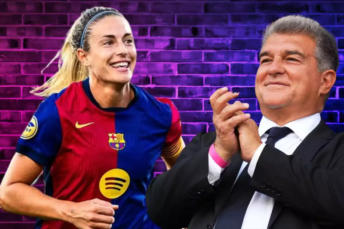 A female soccer player in a FC Barcelona uniform smiles as a man applauds against a purple brick background.