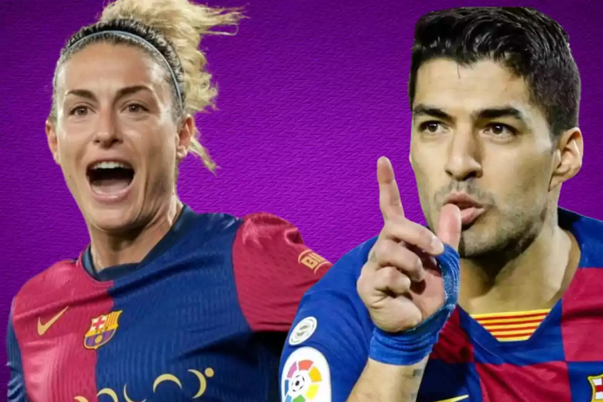 Dos futbolistas con uniforme del FC Barcelona sobre un fondo morado.