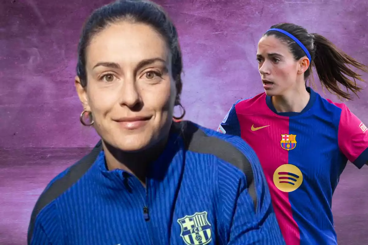 Dos mujeres con ropa del FC Barcelona, una en primer plano con chaqueta azul y otra en segundo plano con uniforme de juego azul y rosa, sobre un fondo morado.