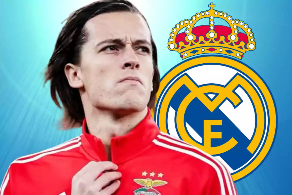 Soccer player in a red Benfica jacket in front of the Real Madrid crest on a blue background