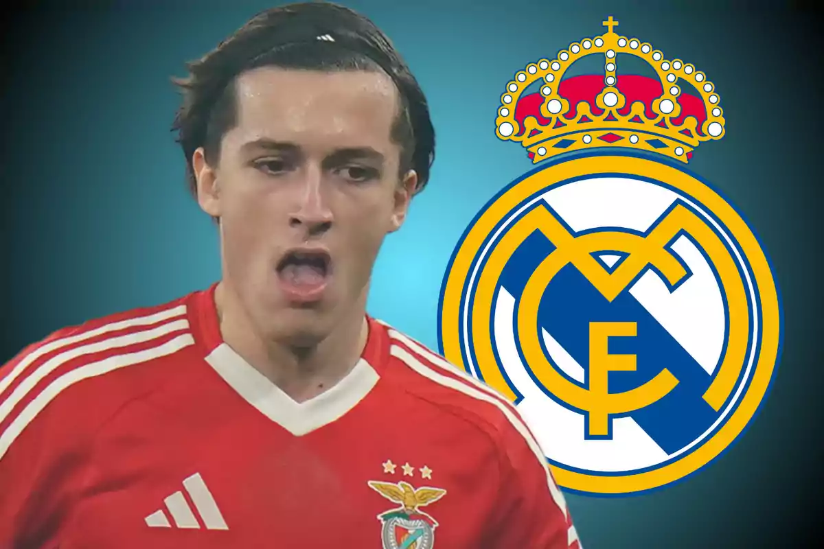 Futbolista con uniforme del Benfica y el escudo del Real Madrid al fondo