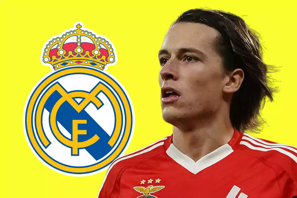 Futbolista con camiseta roja frente al escudo del Real Madrid sobre fondo amarillo