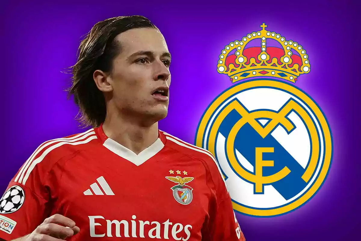 Un jugador de fútbol con la camiseta del Benfica aparece frente al escudo del Real Madrid sobre un fondo morado.