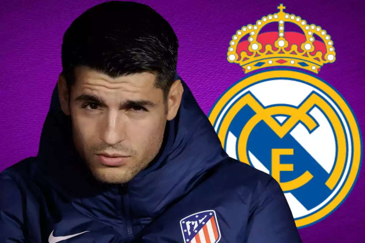 A man wearing an Atlético de Madrid jacket in front of a background with the Real Madrid crest.